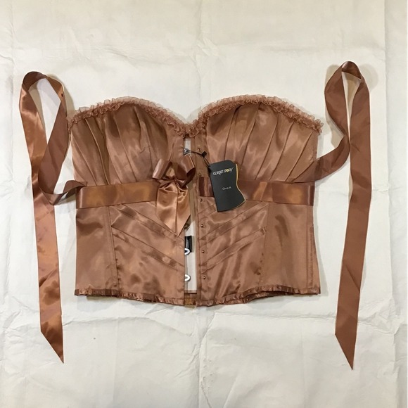 Corset Story Tops - Corset Story Brown Satin Pleated Overbust Corset Steel Boned Ribbon Tie NWT UK22